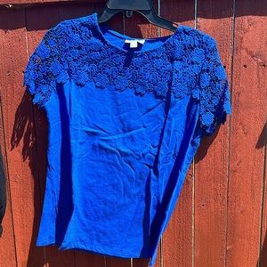 Charter Club Petite Retro Blazing Blue Lacey Floral Knit Sleeves Top